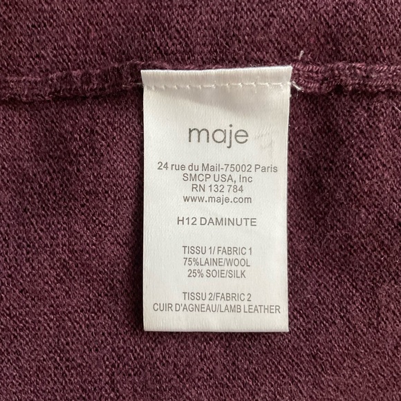 Maje Daminute Cardigan Leather Elbow Patch Long Sleeve Wool Silk Womens Sz 2/M - Picture 5 of 7